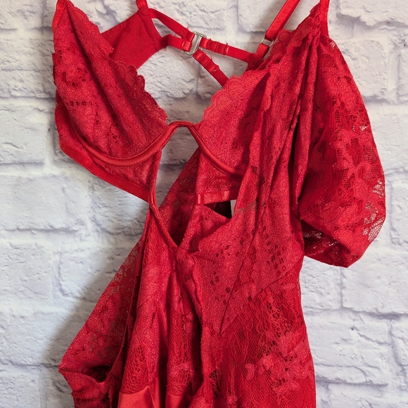 For Love and Lemons Kaia Lace Maxi Dress XS NEW Red Bodysuit Cut Out Slit Sexy - Picture 4 of 9